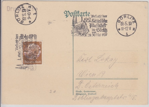 DR - Görlitz 1937 22. Schlesisches Musikfest Maschinenwerbestempel Drucks. 1937
