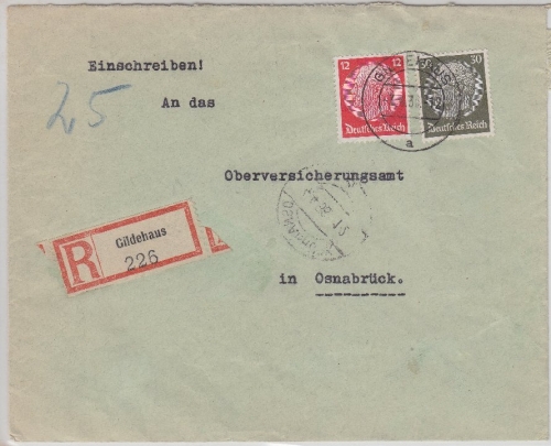 DR - Gildehaus 1936 Einschreibebrief n. Osnabrück 1936, Stichwort: Bad Bentheim