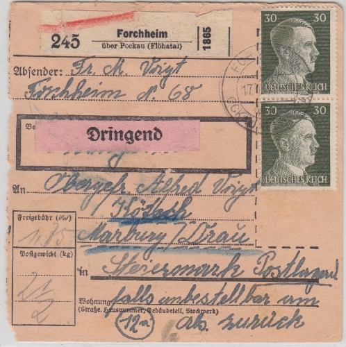 DR - Forchheim über Pockau Poststelle I Dringend-Paketkarte n. Marburg 1944