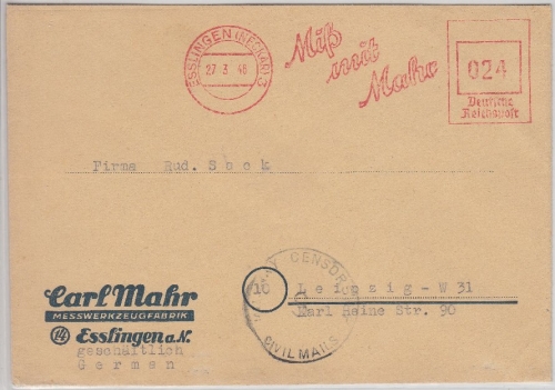 All.Bes. - 24 Pfg. AFS Mahr Messwerkzeuge Zensurbrief Esslingen - Leipzig 1946