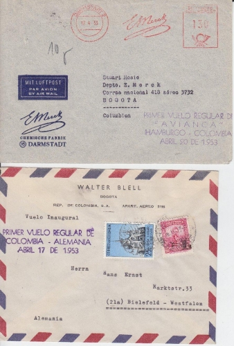 Kolumbien - Avianca 1st-Flug Hamburg-Bogota u. Bogota-Hamburg 2 Lupo-Briefe 1953