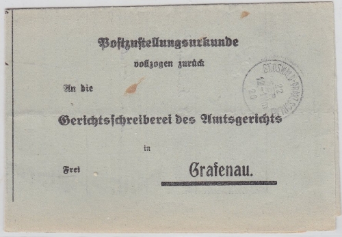 DR - St. Oswald Draxlschlag nachverwendeter bay. K1 Zustellurkunde n. Deggendorf