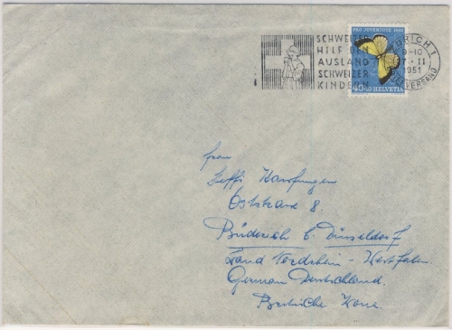 Schweiz - 40 Rp. Juventute 1950 Schmetterling Brief Zürich - Düsseldorf 1951