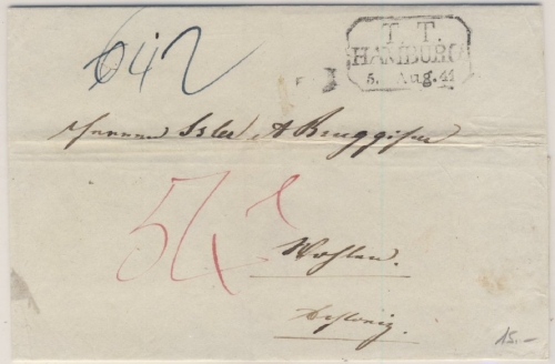 Hamburg - Th&T-Postamt Portobrief n. Wohlen/Schweiz 1841 Faltbrief ohne Inhalt