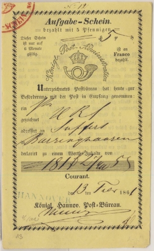 Hannover - blauer L1 auf Postaufgabeschein f. Wertpaket n. Barsinghausen 1861