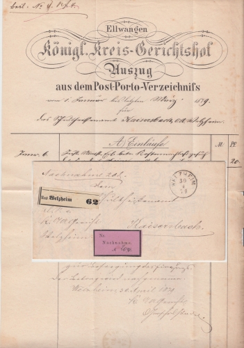 Württemberg - Welzheim 1879 Nachnahmebrief Fahrpost n. Kaisersbach dek. Inhalt !
