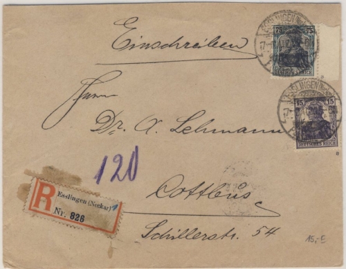 DR - 75+15 Pfg. Germania Einschreibebrief Esslingen - Cottbus 1920 - gepr. Infla