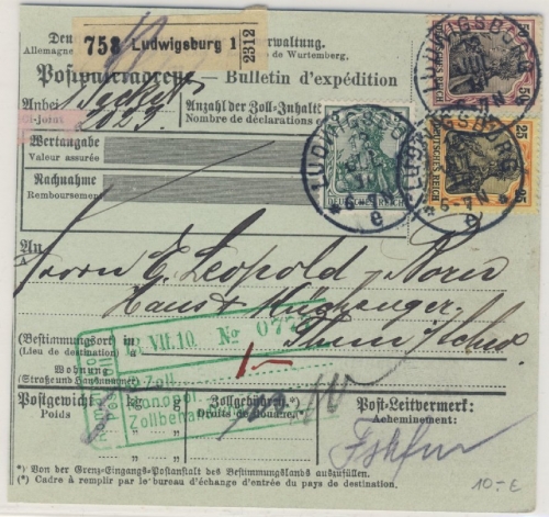 DR - 50+25+5 Pfg. Germania Paketkarte i.d. Schweiz Ludwigsburg 1910