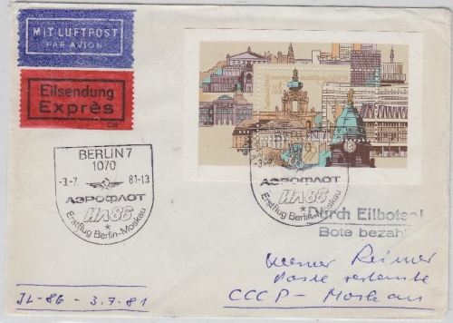 DDR - Aeroflot 1st-Flug Berlin-Moskau Luftpost Eilbrief Berlin 1981