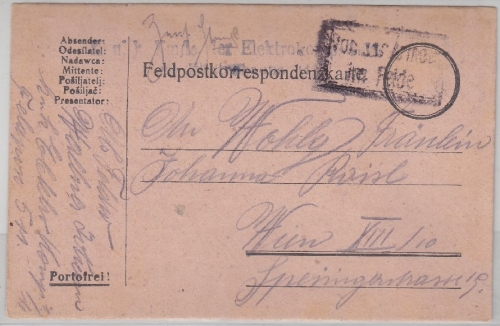 Österreich - Kommando d. Elektro-Kompagnie Briefstpl. Feldpostkarte n. Wien 1917