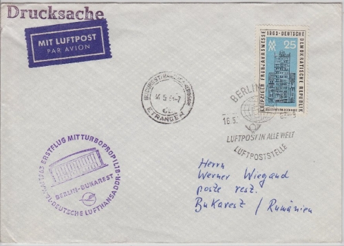DDR - Deutsche Lufthansa 1st-Flug Berlin - Bukarest Luftpostdrucksache 1963
