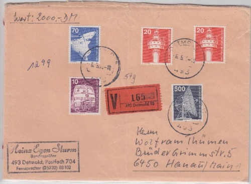 BRD - 500 Pfg. I&T u.a. Wertbrief (2.000 DM - 59g) Detmold - Hanau 1985