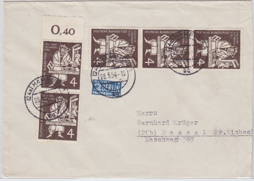 BRD - 5x4 Pfg. (Einheiten - 1x Oberrand) Gutenberg Brief Hamburg - Dassel 1954