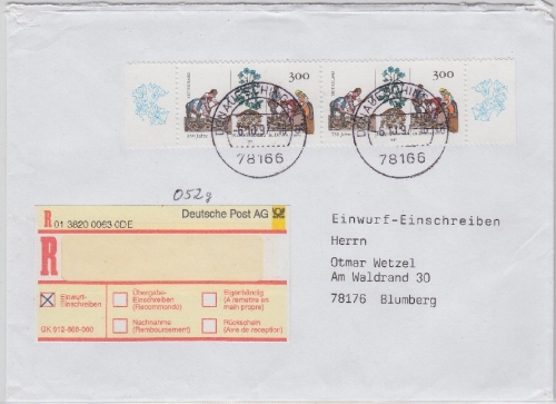 BRD - 2x300 Pfg. 350 J. Kartoffelanbau Einwurf-Einschreiben Donaueschingen 1997