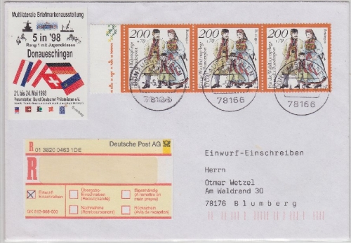 BRD - 3x200 Pfg. Wofa Tracht Einwurf-Einschreiben Donaueschingen - Blumberg 1998