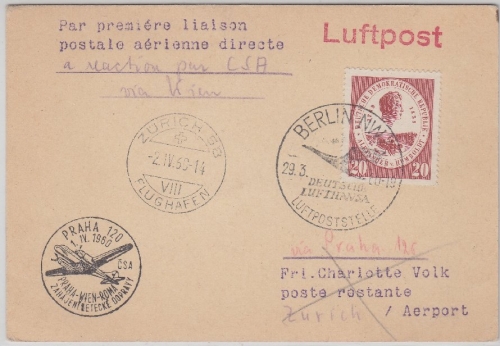 DDR - Zuleitung Czech Airlines 1st-Flug Prag-Wien-Rom Ableitung Zürich 2.4.60