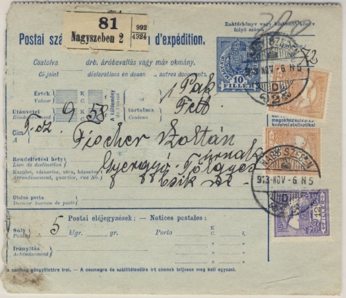Ungarn - 10 F. Paketkarte Ganzsache + 2x30+12 F. Turul Nagyszeben 1913 Perfin !!