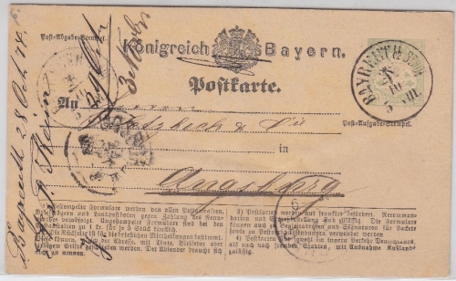 Bayern - 2 Kr. Ganzsache Postkarte K1 Bayreuth Stadt - Augsburg 1874
