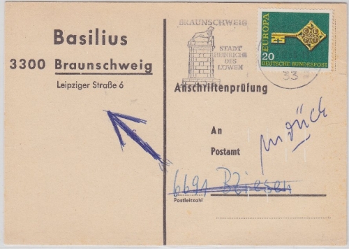 BRD - 20 Pfg. Europa Anschriftenprüfung Braunschweig - Bliesen 1968