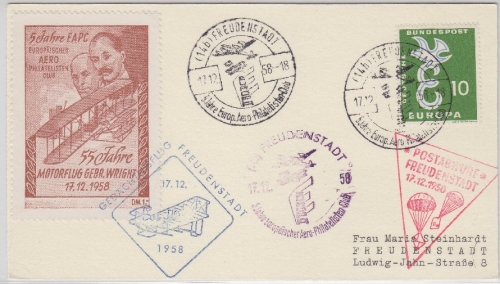 BRD - Freudenstadt 1958 Gedächtnisflug Karte Vignette Wright Fallschirmabwurf