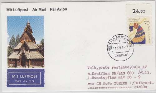 BRD - 1. Nonstopflug SR/SAS Zürich - Oslo 1987, Zuleitung Büsingen/Sondertarif