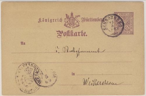 Württemberg - Schrozberg 1889 DrKr a. 5 Pfg. Ganzsachenkarte n. Weikersheim 1889