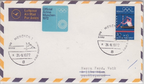 BRD - Olympiade 1972 70 Pfg. Kanu Luftpostbrief n. ÖSTERREICH SST München/Kanu