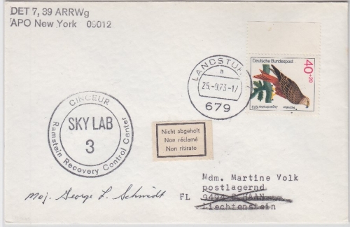 BRD - Landstuhl/APO 09012/Sky Lab 3 Brief n. LIECHTENSTEIN 1973 Retouraufkleber