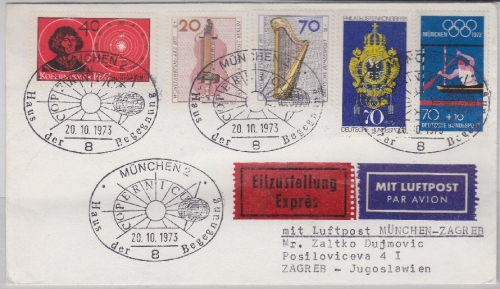 BRD - München 1973 SST Kopernikus Luftpost Eilbrief n. JUGOSLAWIEN 1973