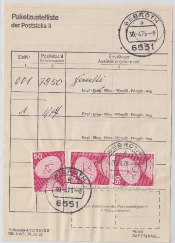 BRD - 3x50 Pfg. I&T Paketzustelliste Poststelle II Gebroth 30.4.1976