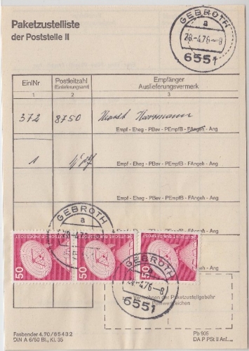BRD - 3x50 Pfg. I&T Paketzustelliste Poststelle II Gebroth 28.4.1976