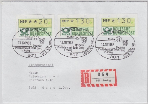BRD - Anzing Pfadfinderschaft 1988 SST a. Einschreiben n. Haag 1988 ATM
