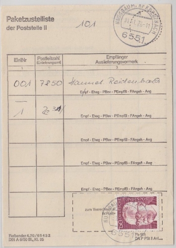 BRD - 150 Pfg. Heinemann Paketzustelliste Poststelle II Nussbaum 31.1.1976