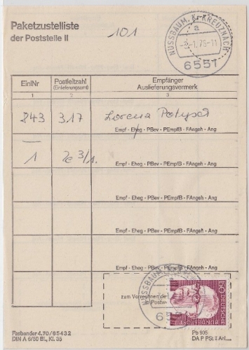 BRD - 150 Pfg. Heinemann Paketzustelliste Poststelle II Nussbaum 3.1.1976