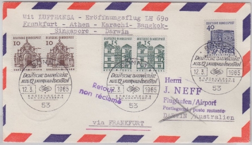 BRD - LH 1st-Flug Frankfurt Darwin/Australien 1965 Luftpostbrief FDC Bauwerke
