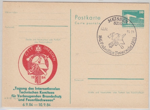 DDR - 10 Pfg. Bauwerke Ganzsache + priv. Zudruck Feuerwehr SST Meissen 1978