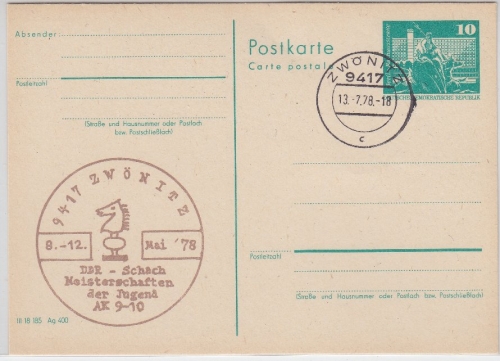 DDR - 10 Pfg. Bauwerke Ganzsache + priv. Zudruck Schach Zwönitz 1978