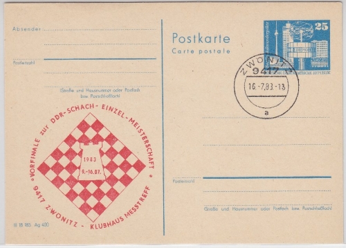 DDR - 25 Pfg. Bauwerke Ganzsache + priv. Zudruck Schach Zwönitz 1983