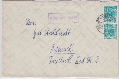DDR - Saalfeld (Saale)-Remschütz Ra1 Stadtpoststelle Brief n. Eisenach 1957 RR!