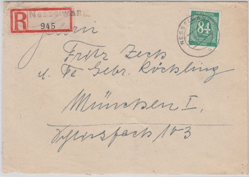 Kontrollrat - Nesselwang 84 Pfg. Ziffer Einschreibebrief n. München 1946