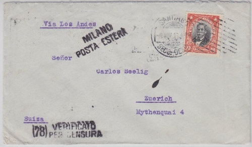 Chile - Santiago 1916 Zensurbrief "via Los Andes" n. Zürich Zensur Mailand