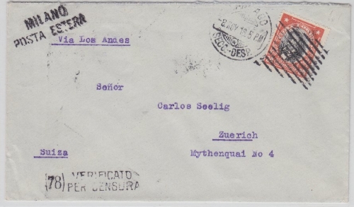Chile - Santiago 8.11.1916 Zensurbrief "via Los Andes" n. Zürich Zensur Mailand
