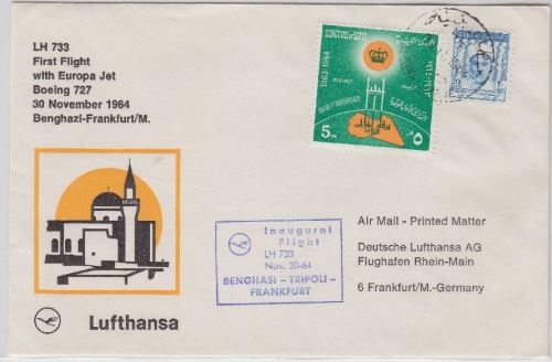 Libyen - Lufthansa 1st-Flug Benghasi - Tripoli - Frankfurt Luftpostbrief 1964