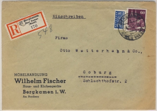 Bizone - Bergkamen ü. Kamen Poststelle I 60 Pfg. Bauten Einschreibebrief 1952 n.