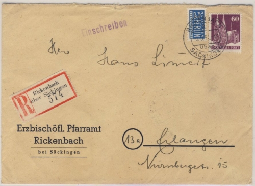 Bizone - Rickenbach ü. Säckingen Poststelle I Einschreibebrief n. Erlangen 1951