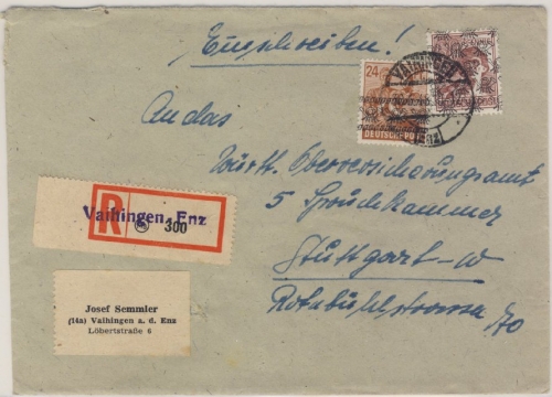 Bizone - 24+60 Pfg. Arbeiter Band/Netz Einschreibebrief Vaihingen Stuttgart 1948