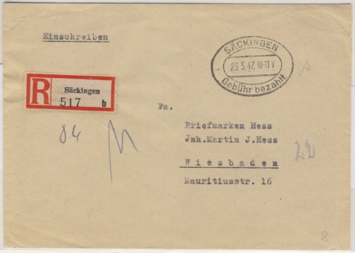 All.Bes. - Säckingen 1947 Gebühr bezahlt Einschreibebrief n. Wiesbaden