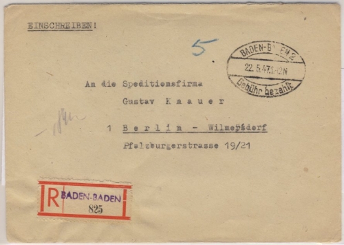 FZ/Baden - Baden-Baden 1947 Gebühr bezahlt Einschreibebrief n. Berlin