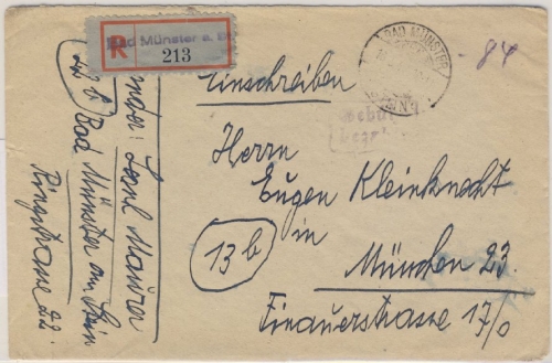 All.Bes. - Bad Münster 1947 Gebühr bezahlt Einschreibebrief n. München 1947