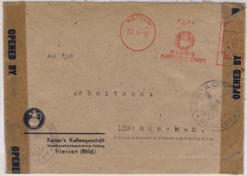 All.Bes. - Viersen 1947 aptierter 24 Pfg. AFS Kaisers Kaffeegeschäft Zensurbrief